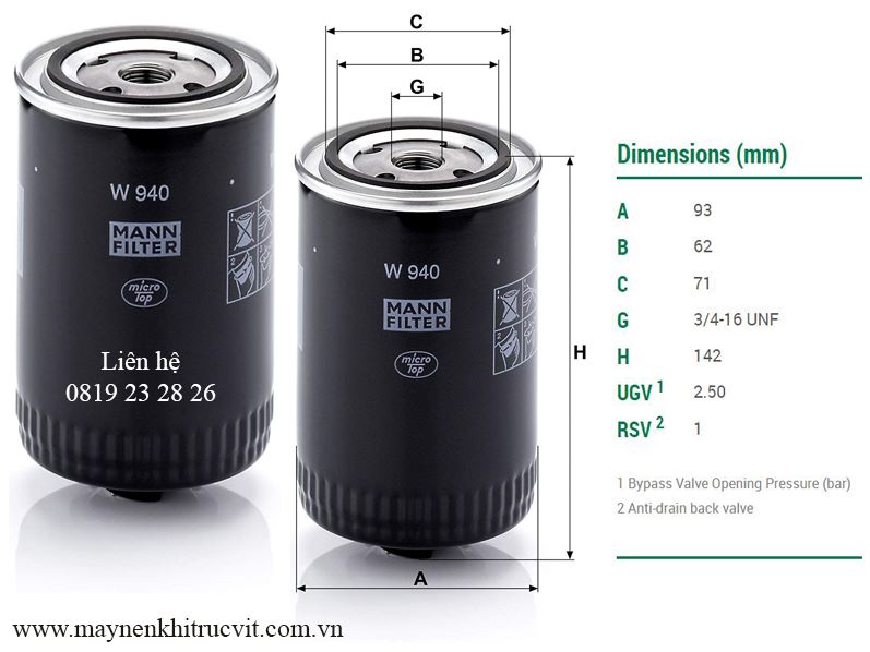 mann filter w940, loc dau may nen khi, lọc dầu máy nén khí, phụ tùng máy nén khí, phu tung may nen khi, lọc nhớt máy nén khí, loc nhot may nen khi, compressor oil filter