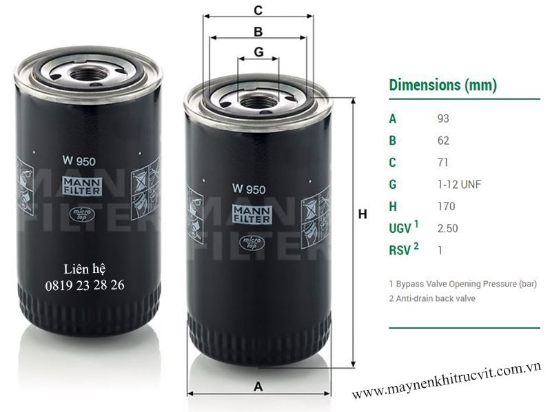 kich thuoc loc dau mann filter w 950,loc dau may nen khi, lọc dầu máy nén khí, phụ tùng máy nén khí, phu tung may nen khi, lọc nhớt máy nén khí, loc nhot may nen khi, compressor oil filter